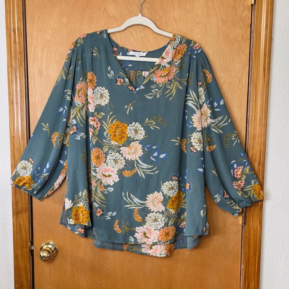 Monday Fun Floral V-Neck Blouse Teal Green Pink 2X Smocked Shoulder Boho Floral
